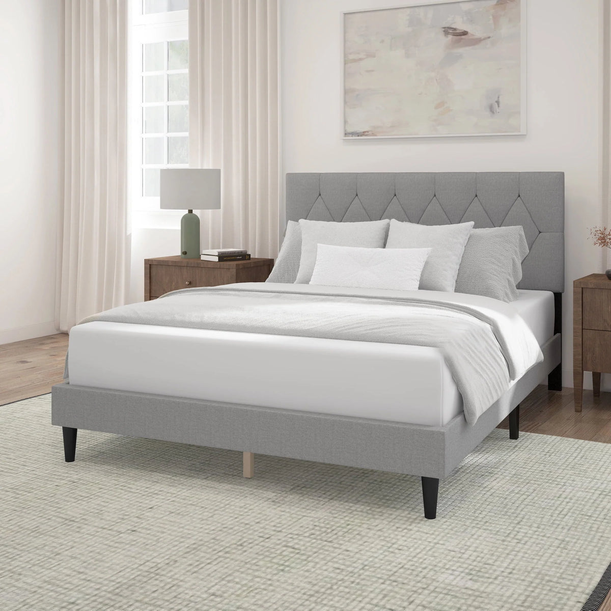 Gray Diamond Tufted Upholstered Queen Platform Bed D1669