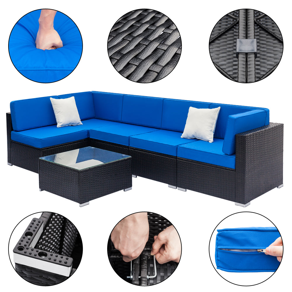 Blue and Black PE Rattan Patio Sectional Set with Table G580