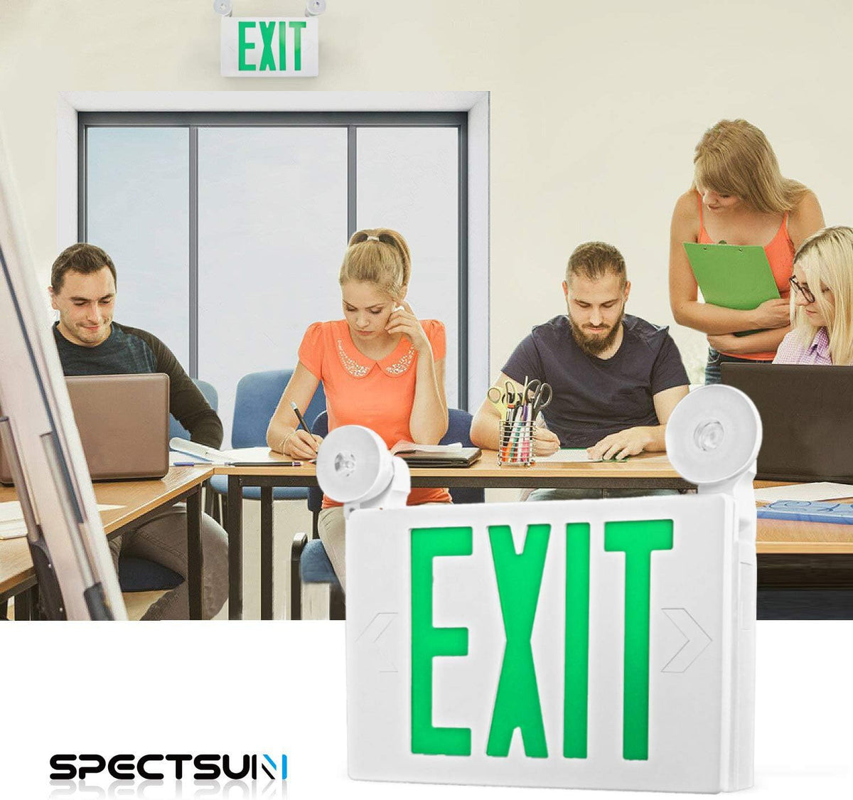 6 PACK LED Exit Sign with Emergency Lights & Battery Backup Green Exit only Sign UL Listed 120-277VAC Q36078