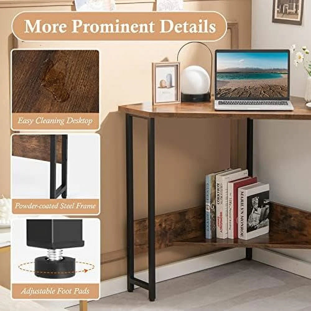 Industrial Corner Desk with Power Outlet Shelves Metal Frame Wood K133055