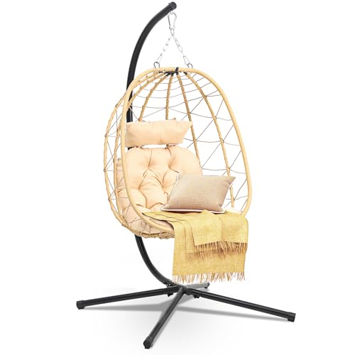 Egg Swing Chair with Stand Wicker Egg Chair with Cushions Beige F315864