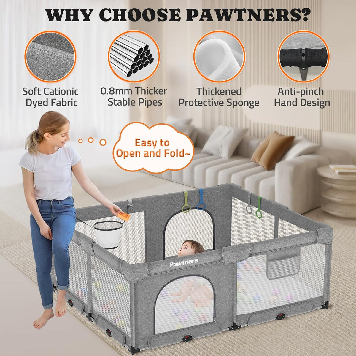 71"L x 59"W x 27"H Large Portable Baby Playpen with 50PCS Ocean Ball K373