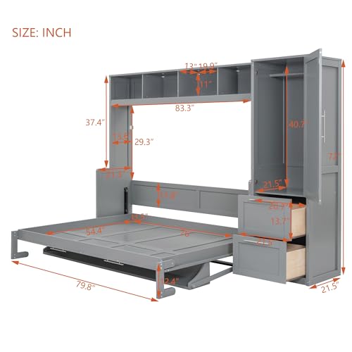 Gray Full Size Murphy Bed with Storage Shelves and Drawers G459305