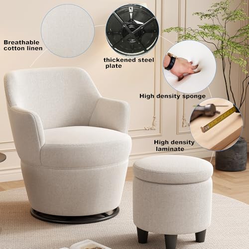 Beige Cotton Linen Upholstered Swivel Chair with Storage Ottoman M850053