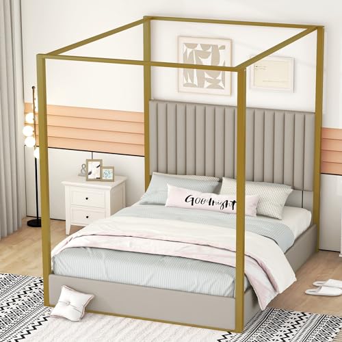 Queen Size Beige Upholstered Canopy Platform Bed Frame I13171