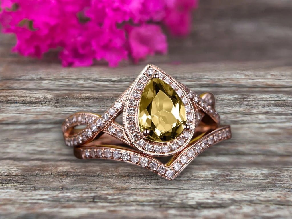 Pear Shape Champagne Diamond Moissanite Ring Set On 10K Rose Gold Halo Bridal Ring C682229