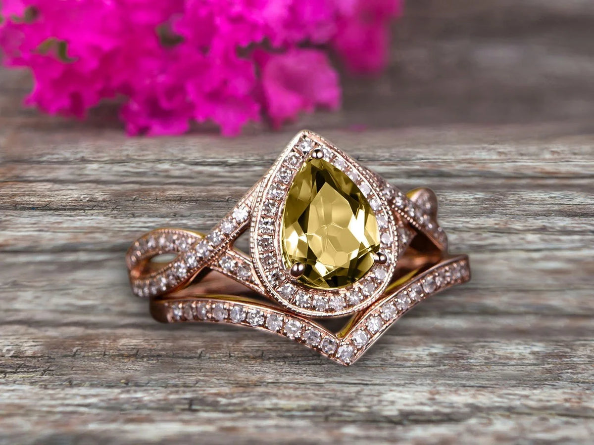 Pear Shape Champagne Diamond Moissanite Ring Set On 10K Rose Gold Halo Bridal Ring C682229