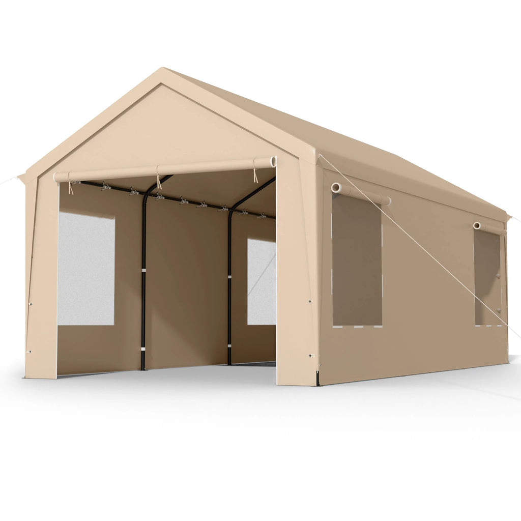 12 x 20 ft Heavy Duty Steel Carport Canopy with Window, Beige F9663