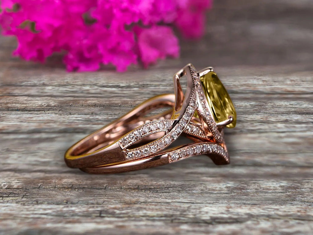 Pear Shape Champagne Diamond Moissanite Ring Set On 10K Rose Gold Halo Bridal Ring C682229