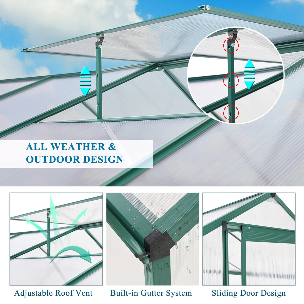 8x6FT Polycarbonate Walk in Greenhouse with Window & Sliding Door X432260