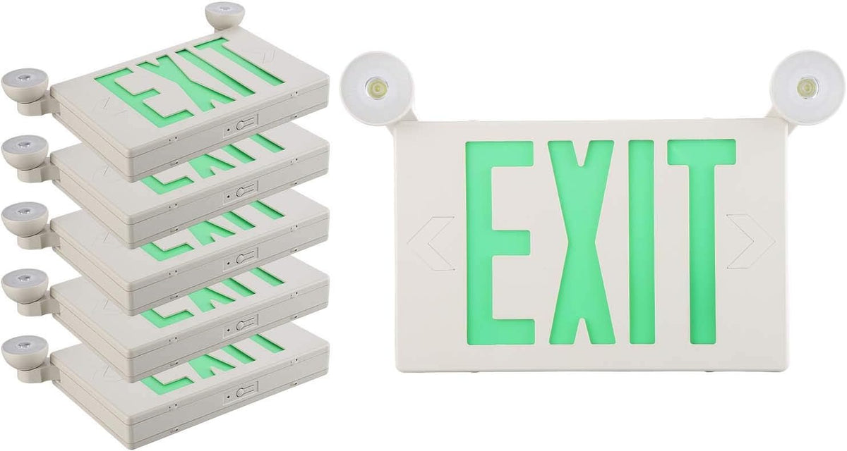 6 PACK LED Exit Sign with Emergency Lights & Battery Backup Green Exit only Sign UL Listed 120-277VAC Q36078