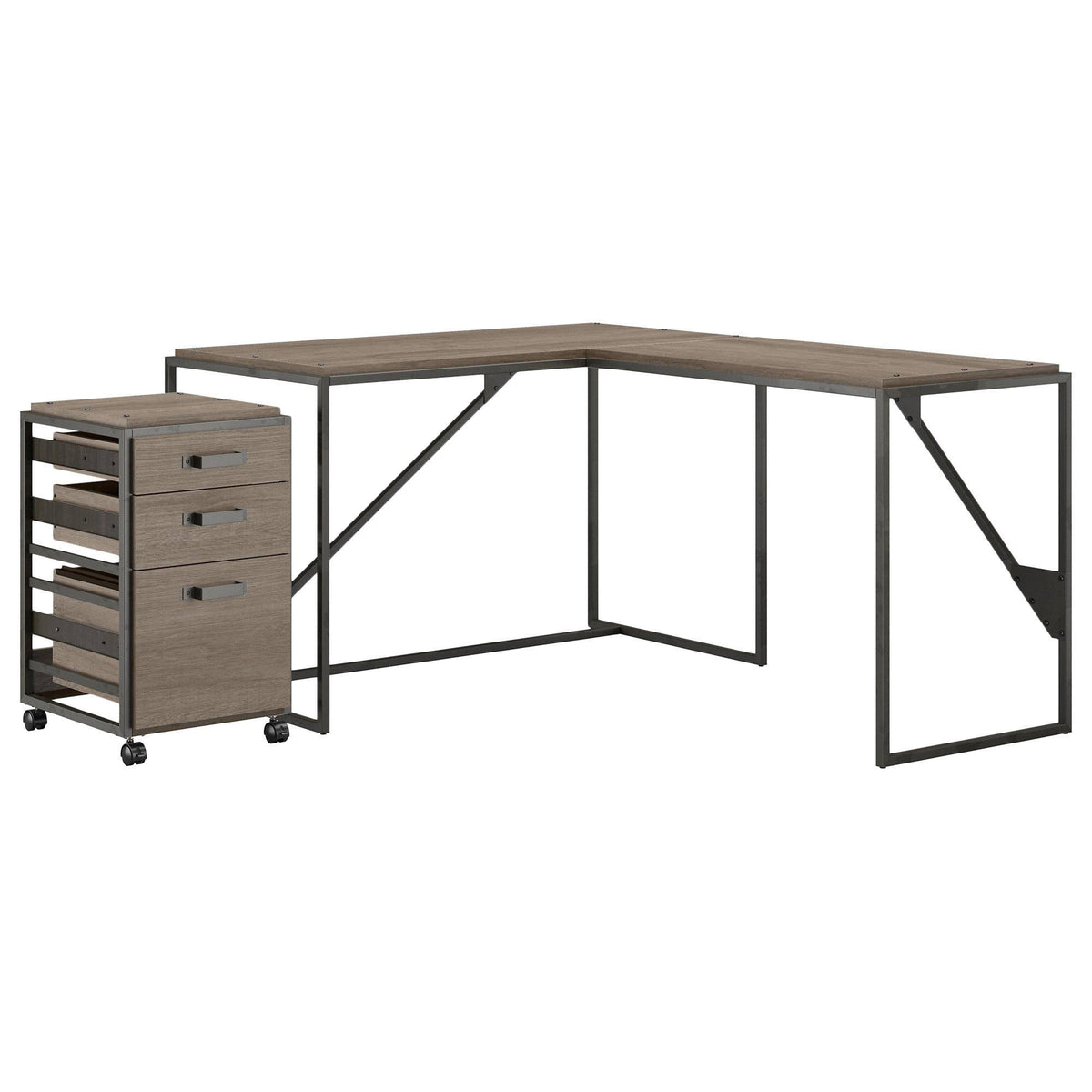 50W L Shaped Industrial Desk with 3 Drawer File Cabinet, Gray T631
