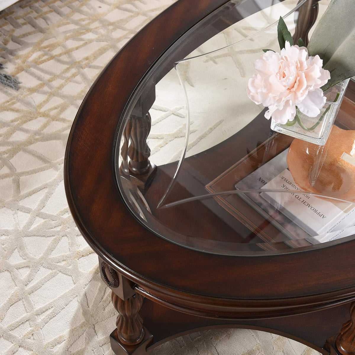 Solid Wood End Table with Tempered Glass and Storage Shelf Y34930