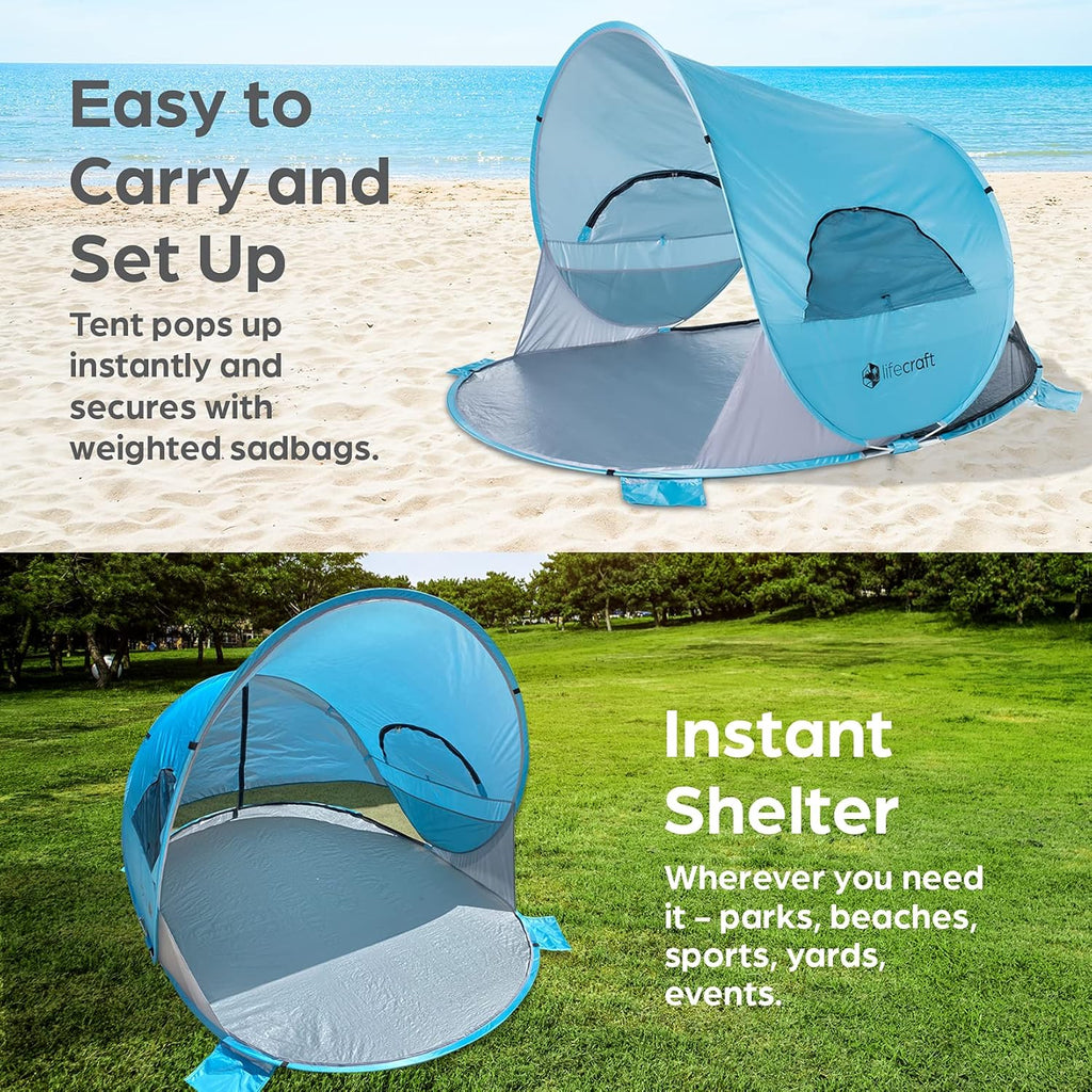 Blue Pop Up Beach Tent 3 4 Person Sun Shelter with UPF 50+ UV Protection R6356