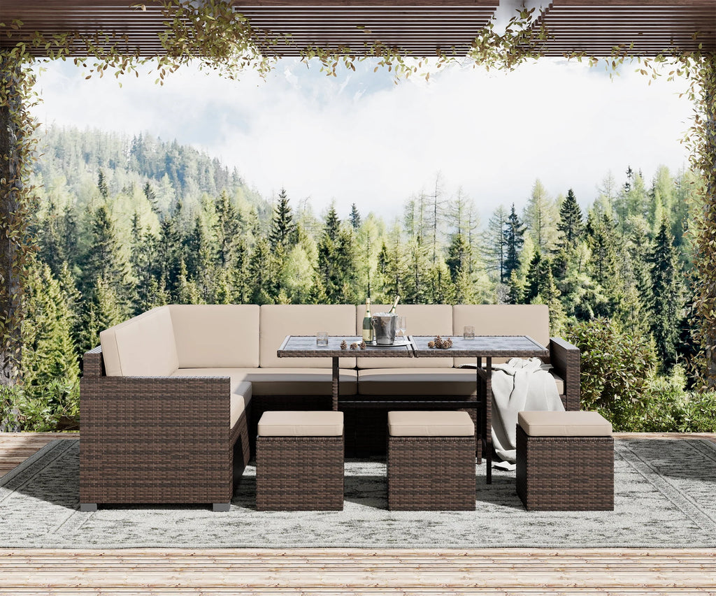 7 Piece PE Rattan Patio Sectional Sofa with Beige Cushions and Table A871