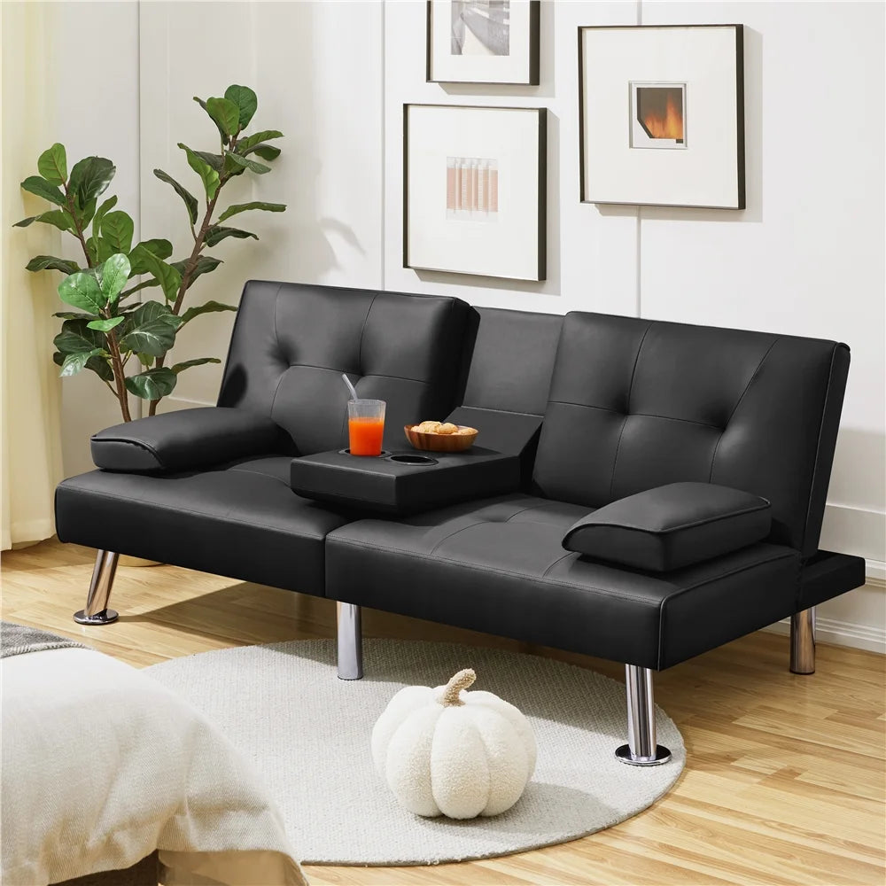 Black Faux Leather Convertible Futon Sofa Bed with Cup Holders U1668