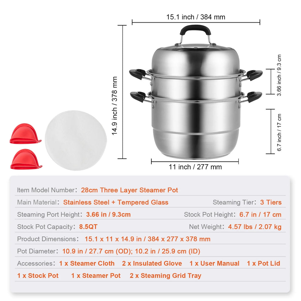 3 Tier 8.5QT 304 Stainless Steel Steamer Pot with 2 Steaming Tray X721