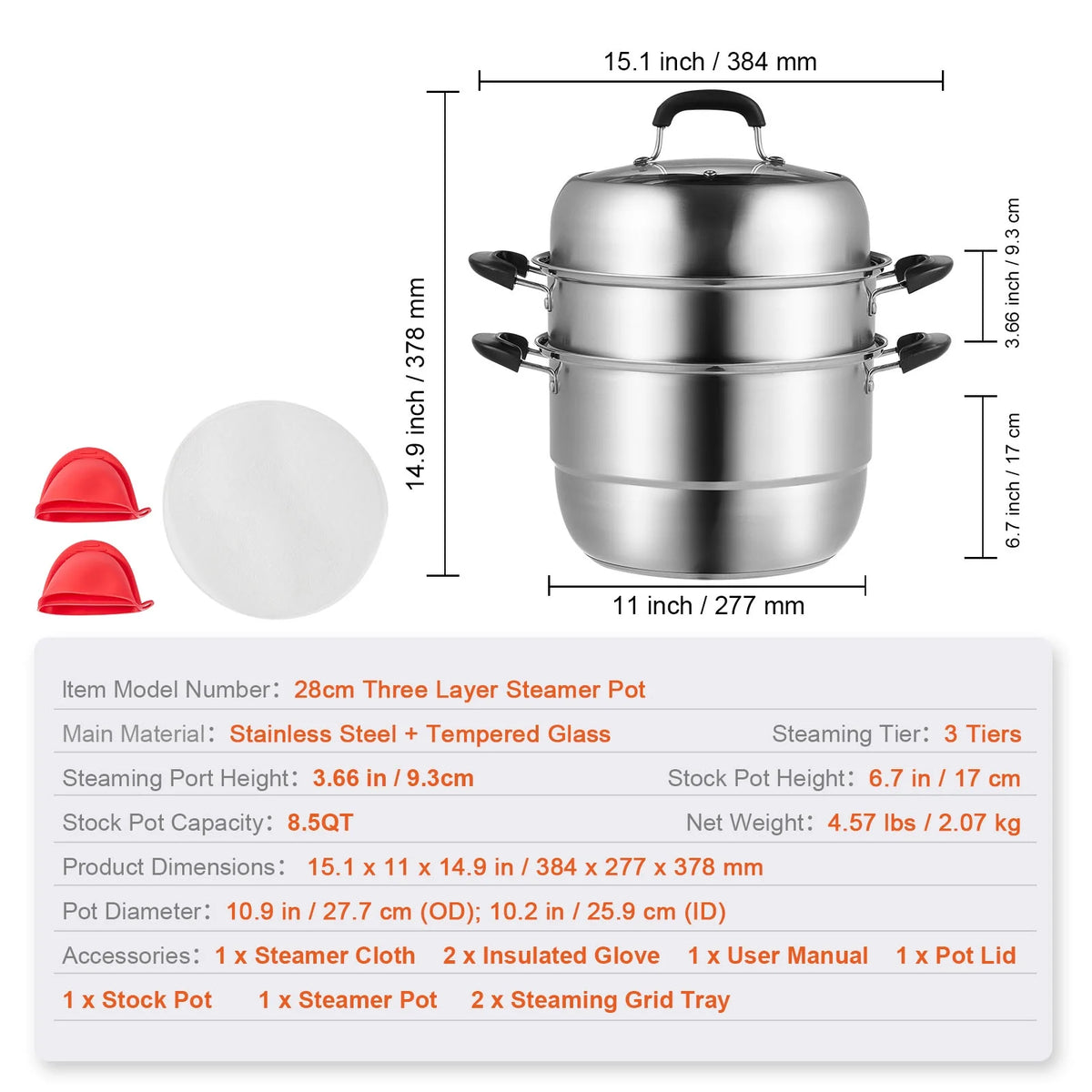 3 Tier 8.5QT 304 Stainless Steel Steamer Pot with 2 Steaming Tray X721