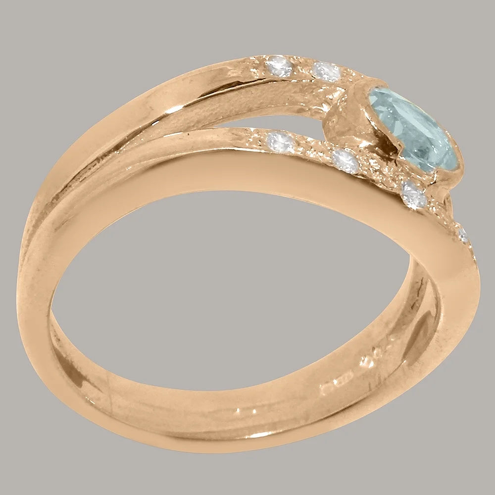 18k Rose Gold Natural Aquamarine & Diamond Womens Band Ring I4048