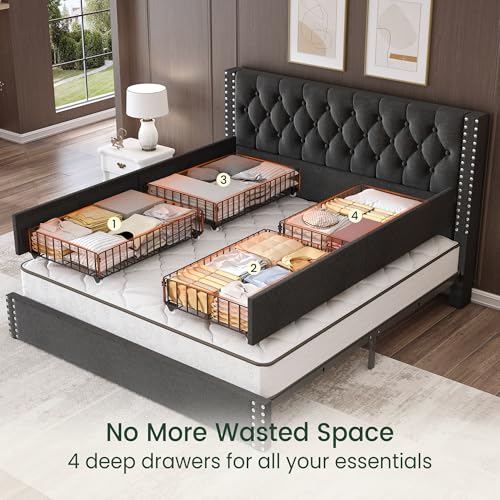 King Size Linen Upholstered Bed Frame with 4 Storage Drawers F53934