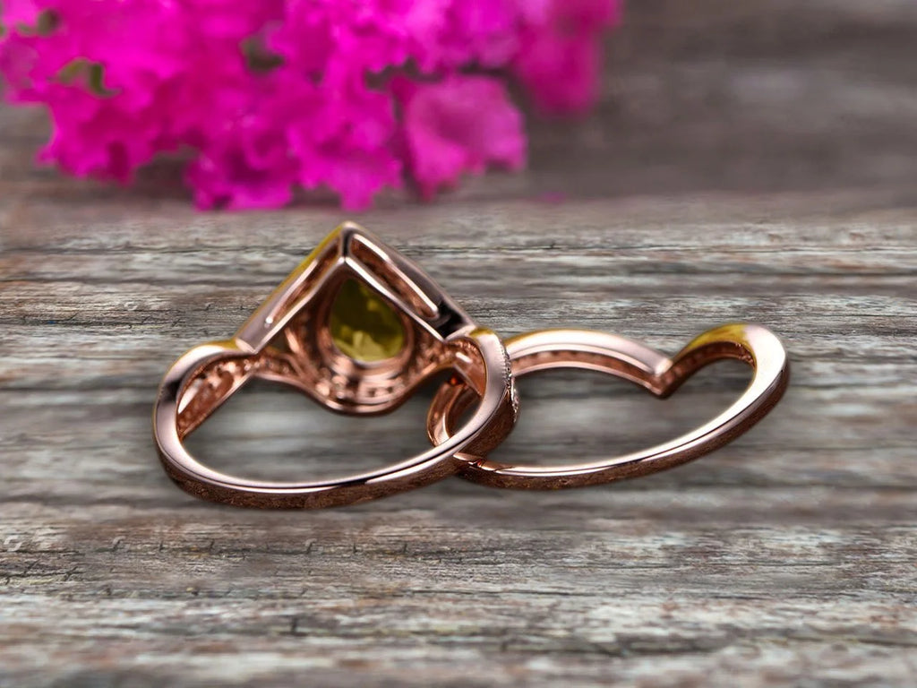 Pear Shape Champagne Diamond Moissanite Ring Set On 10K Rose Gold Halo Bridal Ring C682229