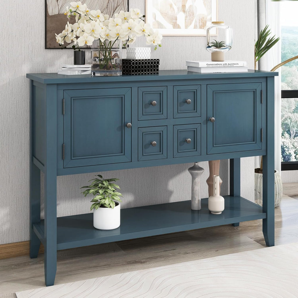 Light Navy Solid Wood Console Table with 4 Drawers and 2 Cabinets R373