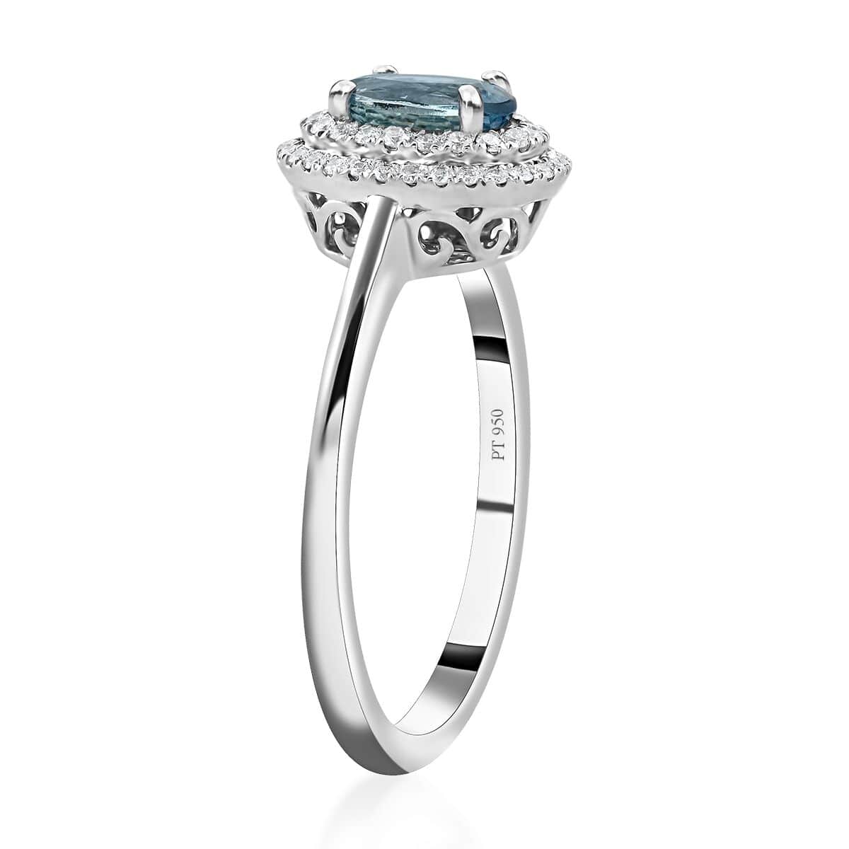 Blue Aquamarine White Diamond Oval 950 Platinum Halo Ring Size 10 Ct 0.86 E-F Color VS Clarity A88295