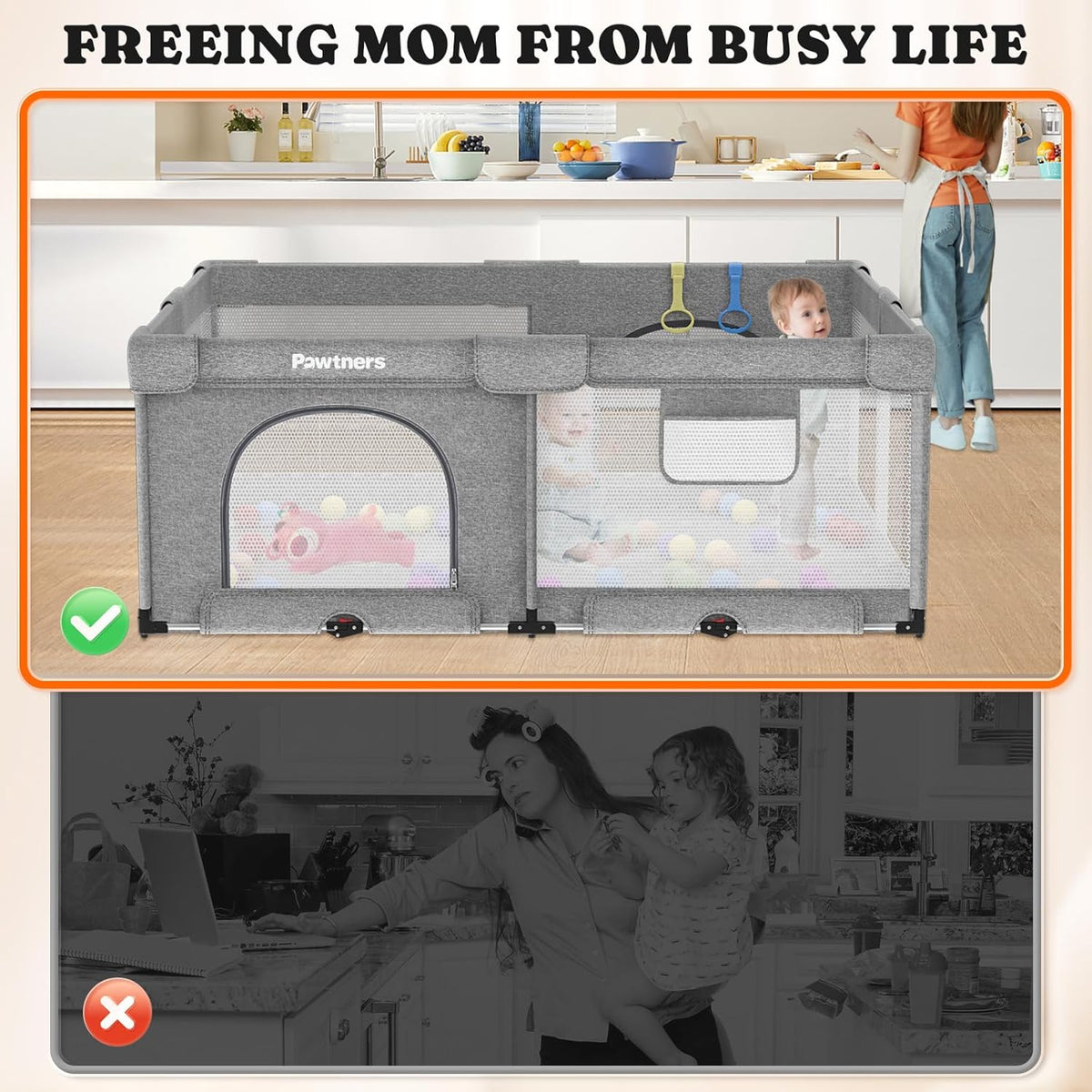 71"L x 59"W x 27"H Large Portable Baby Playpen with 50PCS Ocean Ball K373