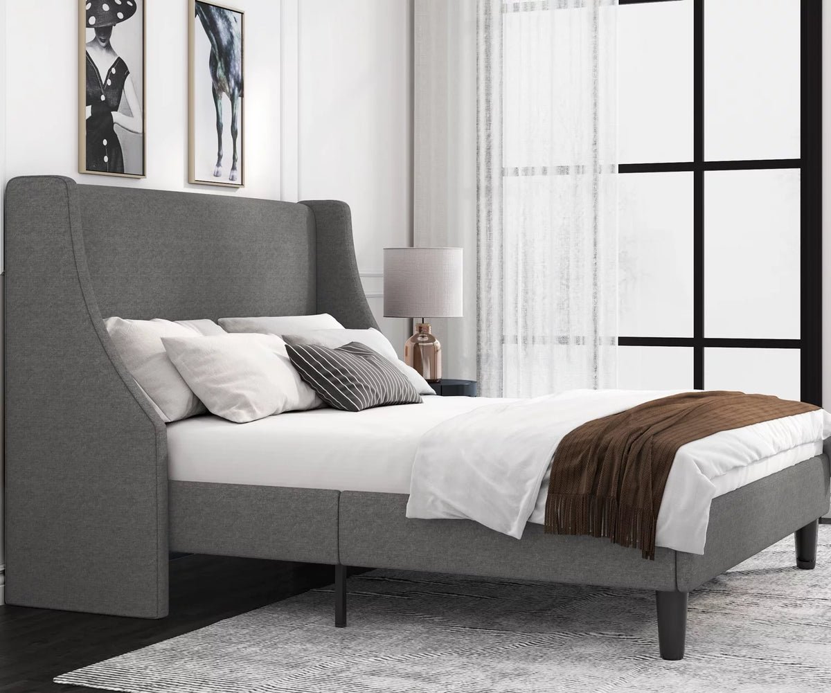 Full Size Fabric Upholstered Platform Bed Frame with Wingback Headboard, Light Grey D60058