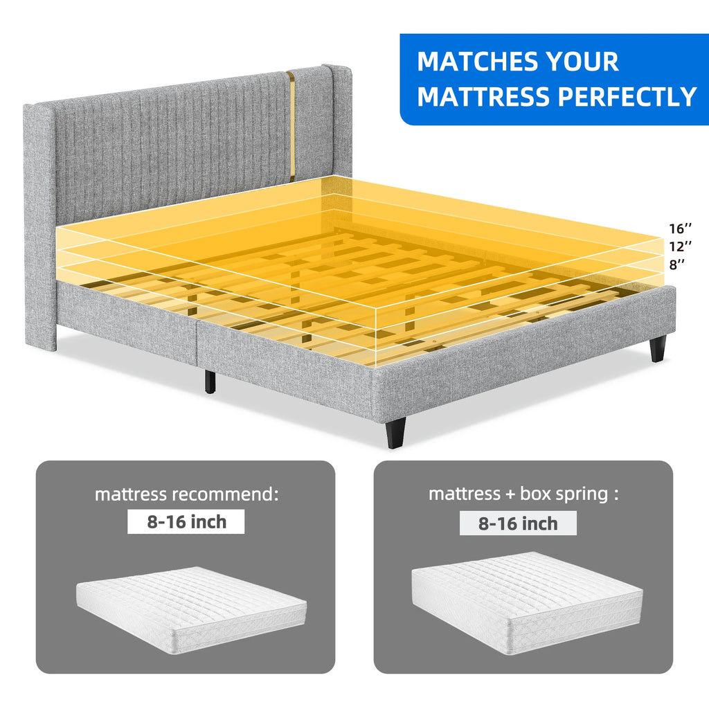 Upholstered Wingback King Bed Frame with Wood Slats O932