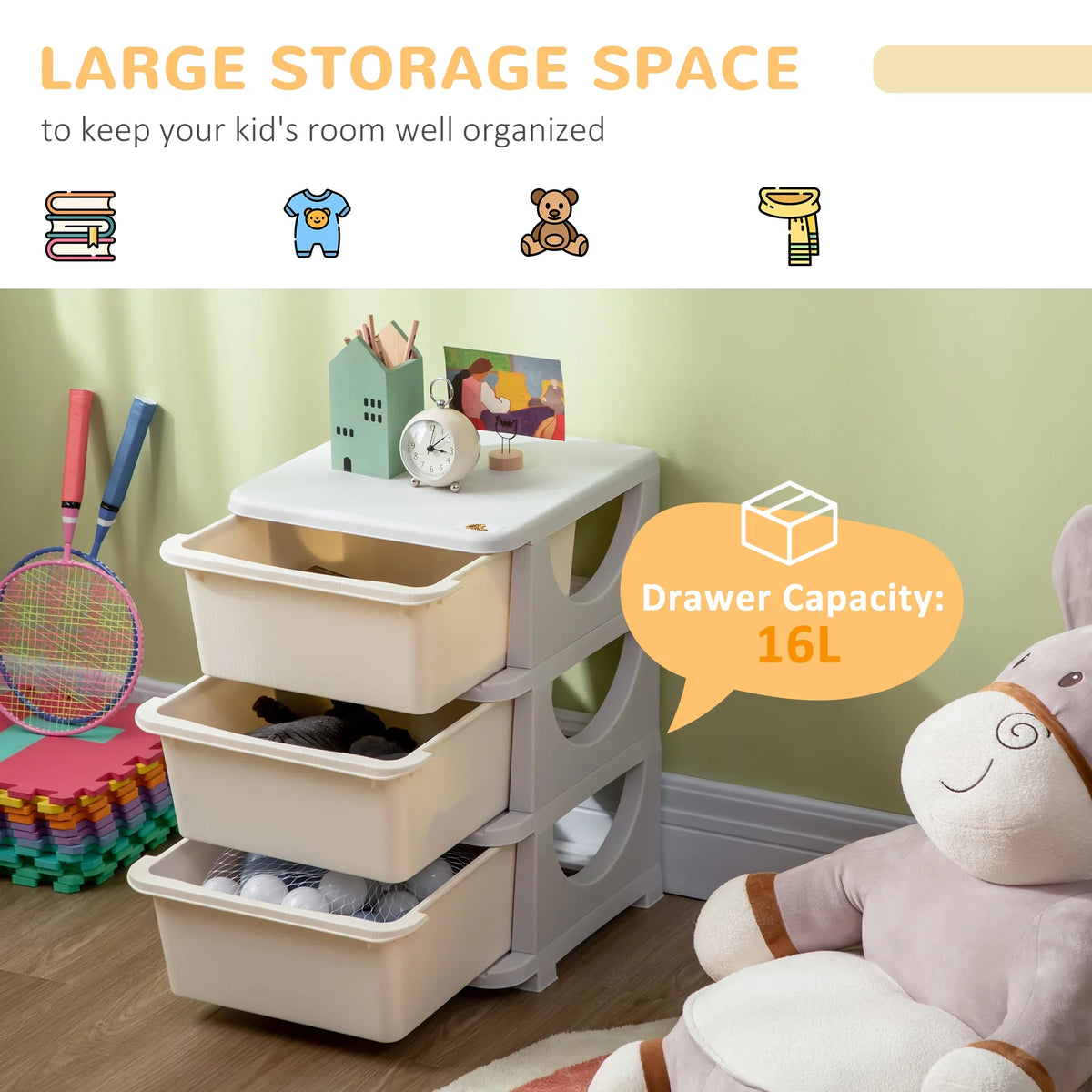 3 Tier Kids Storage Unit Dresser Tower Cream White F433