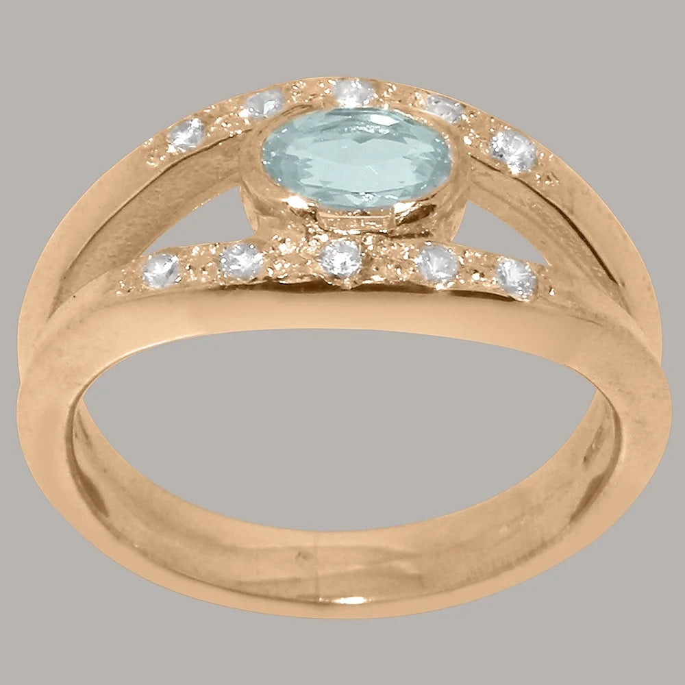 18k Rose Gold Natural Aquamarine & Diamond Womens Band Ring I4048