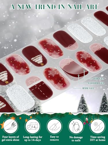 24PCS Christmas Semi Cured Gel Nail Strips Pink Glitter UV Wraps with File and Stick J260232