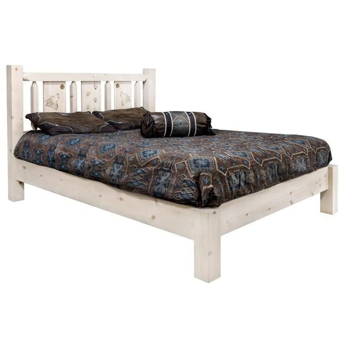 Full Size Platform Bed with Laser Engraved Wolf Design V7015