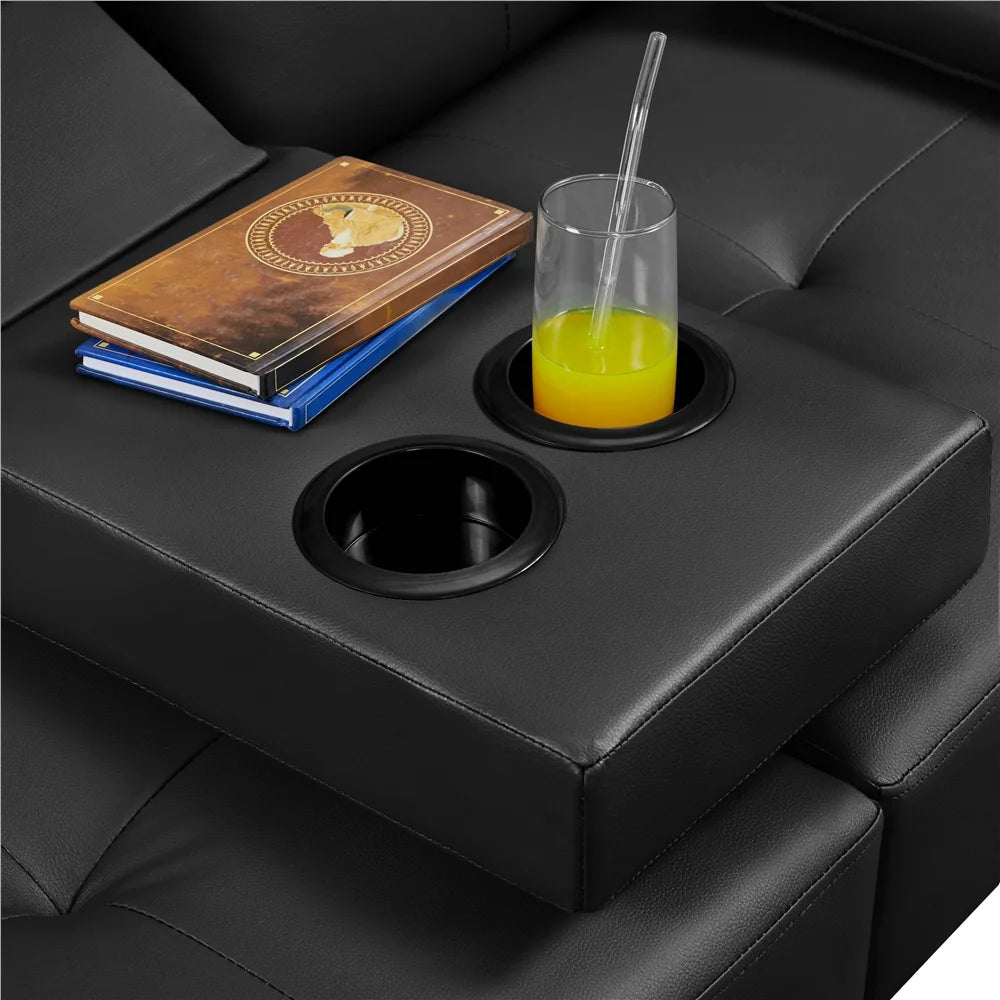 Black Faux Leather Convertible Futon Sofa Bed with Cup Holders U1668