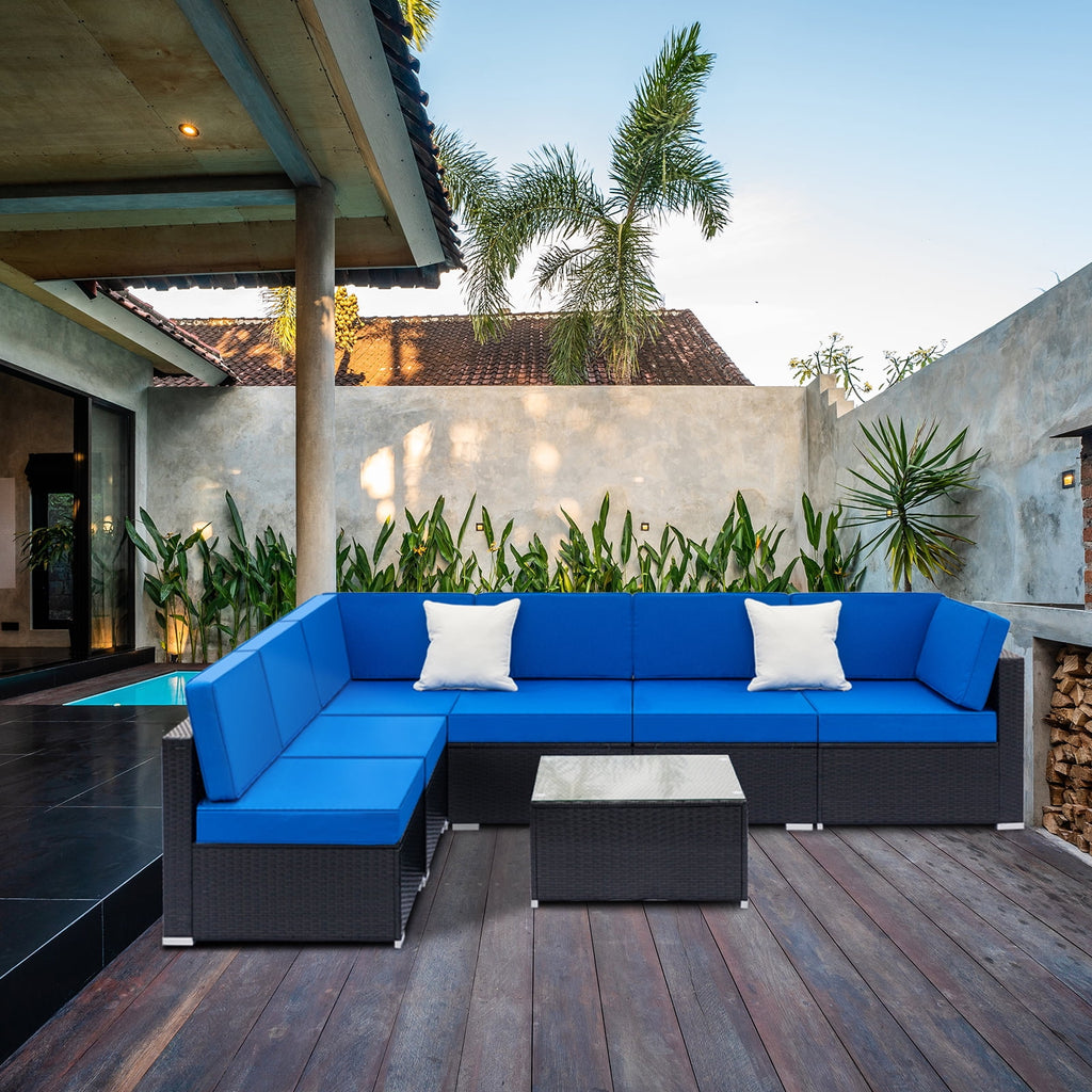 Blue and Black PE Rattan Patio Sectional Set with Table G580