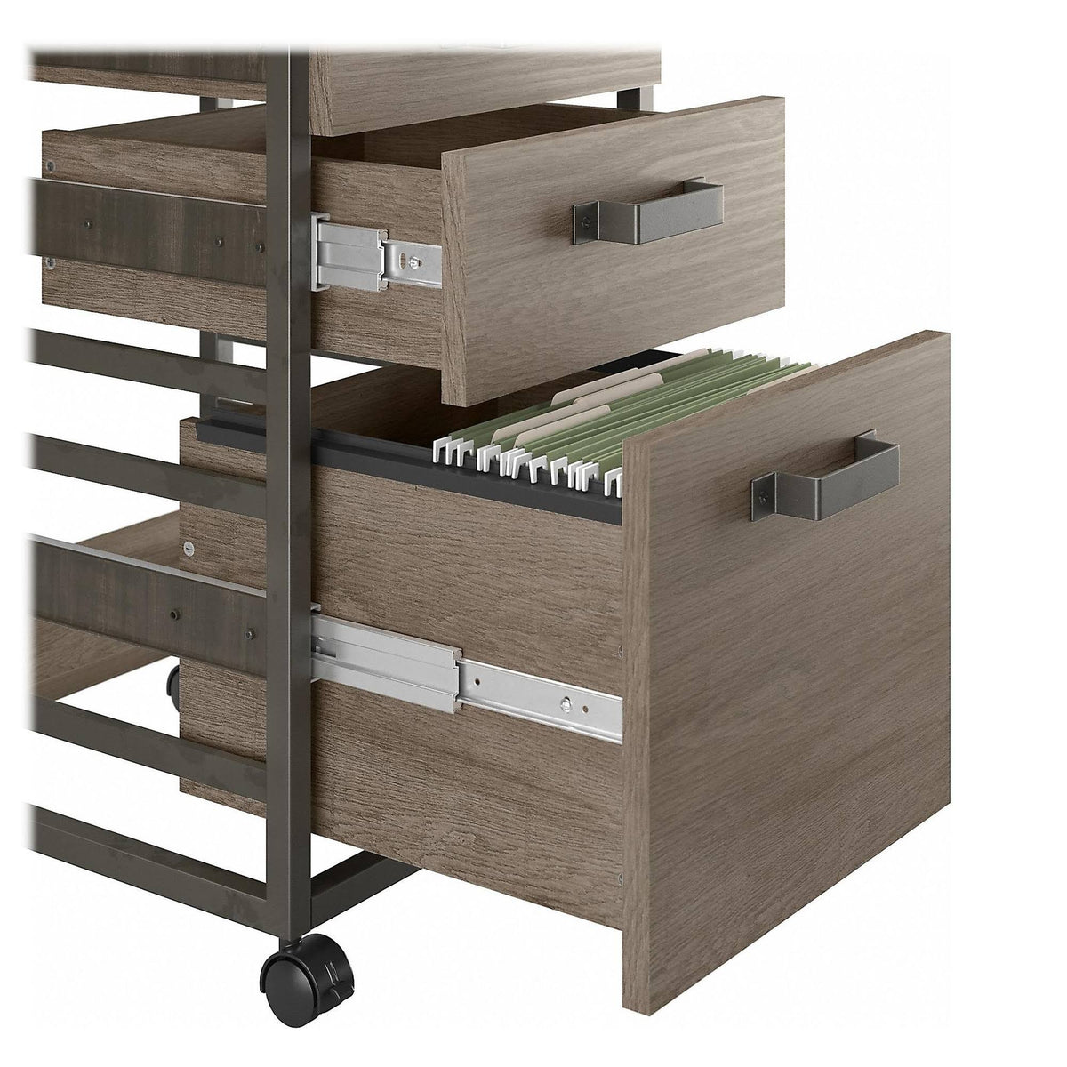 50W L Shaped Industrial Desk with 3 Drawer File Cabinet, Gray T631