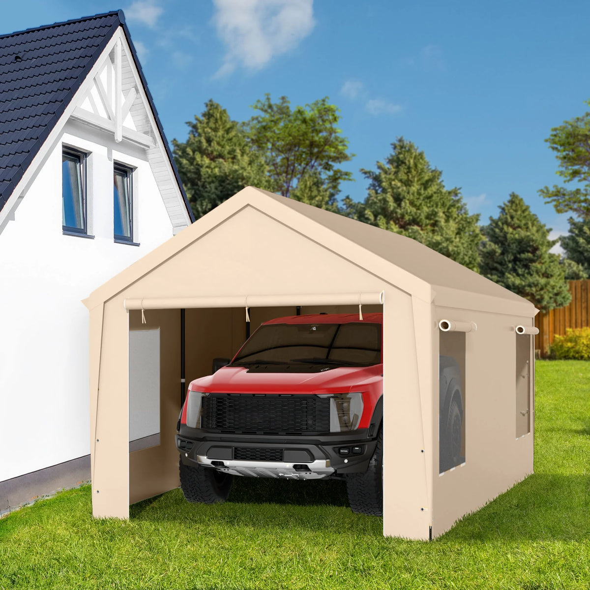 12 x 20 ft Heavy Duty Steel Carport Canopy with Window, Beige F9663