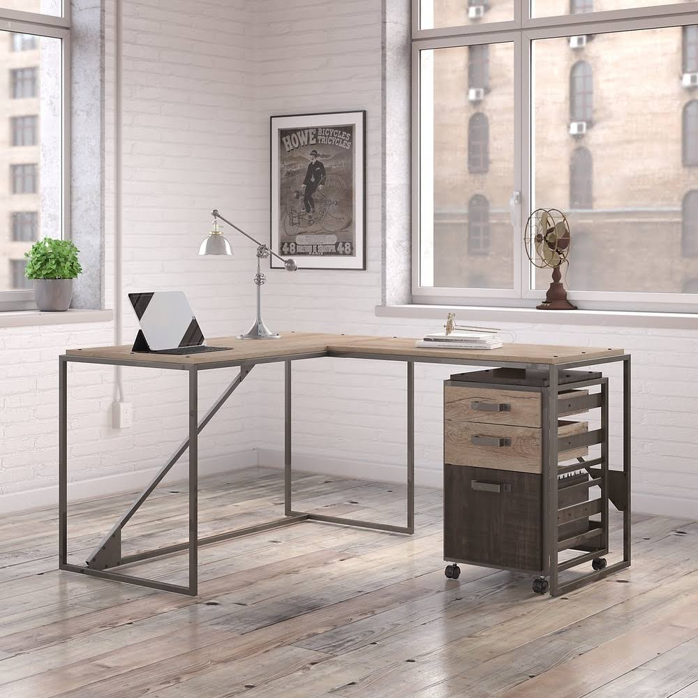 50W L Shaped Industrial Desk with 3 Drawer File Cabinet, Gray T631