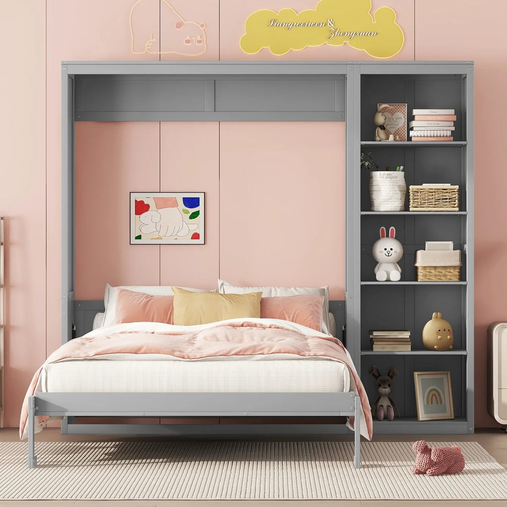 Full Size Gray Murphy Bed with Side Bookshelf C9118
