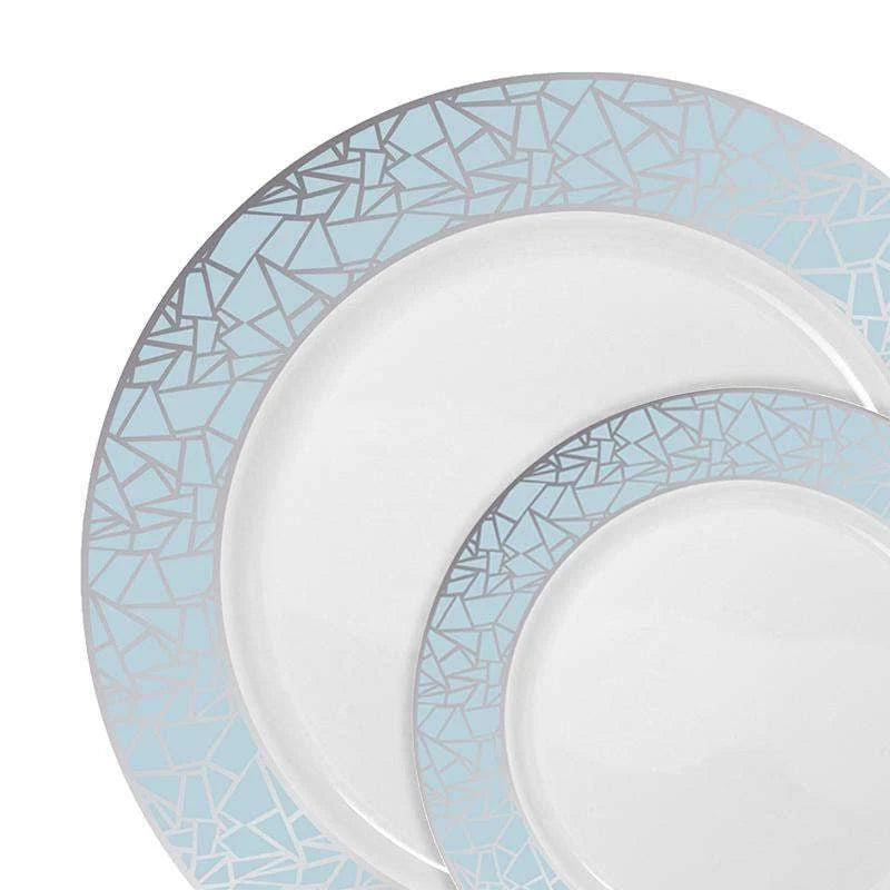 60 Settings White Turquoise Blue Silver Mosaic Rim Round Plastic Wedding Value Set Q592