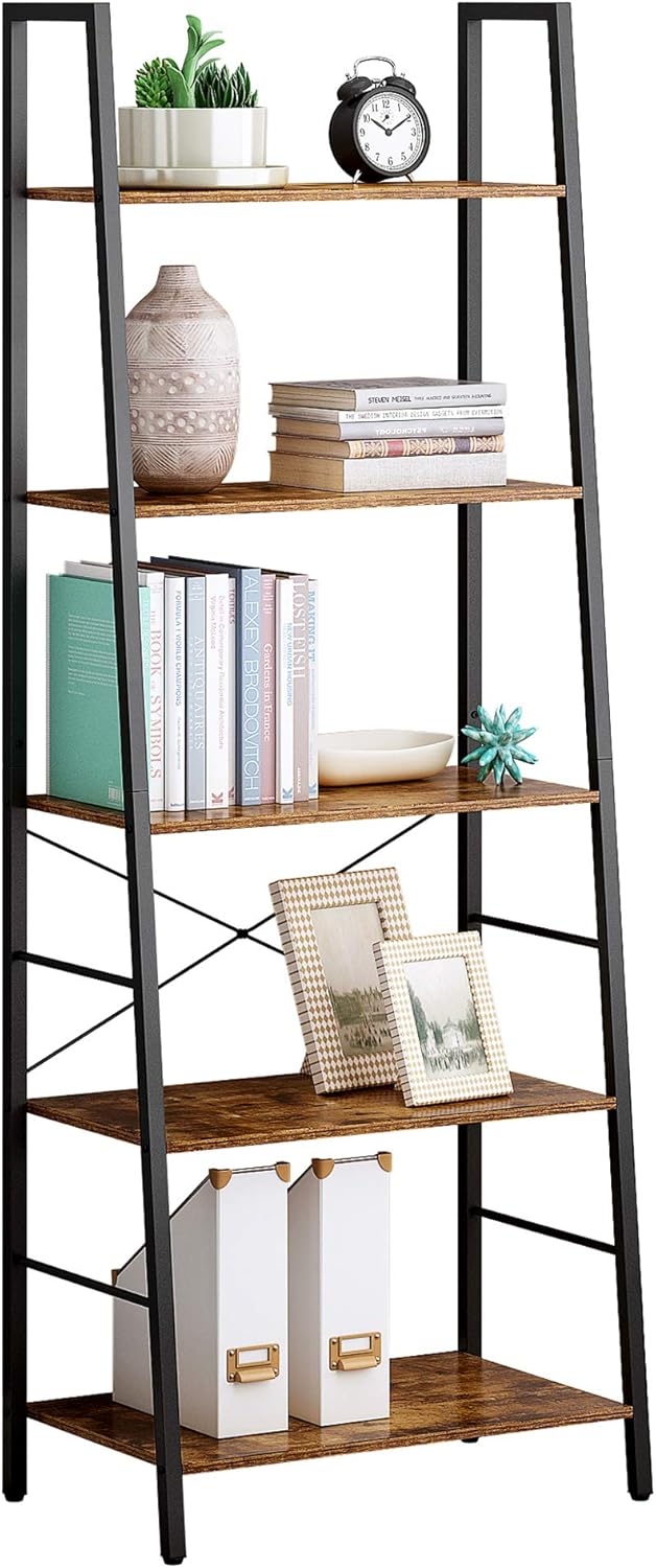 5 Tier Wooden Leaning Ladder Shelf with Metal Frame V8427