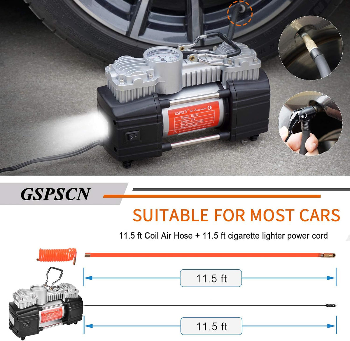 Portable Tire Inflator Double Cylinder Air Compressor Pump with LED Light, 150 PSI Metal Tire Pump with Locking Air Chuck B13003
