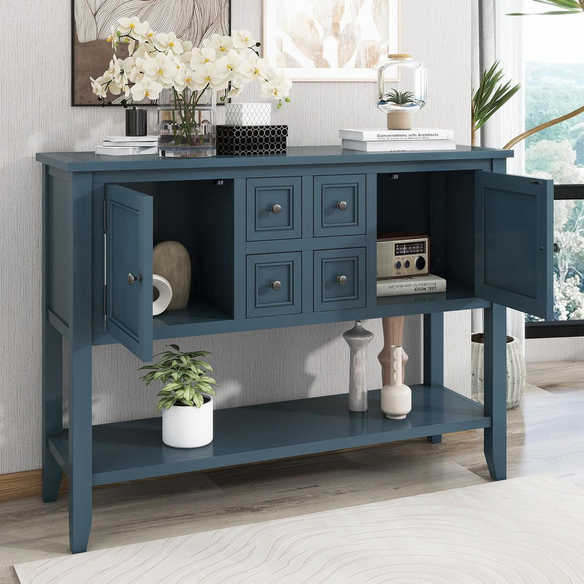 Light Navy Solid Wood Console Table with 4 Drawers and 2 Cabinets R373