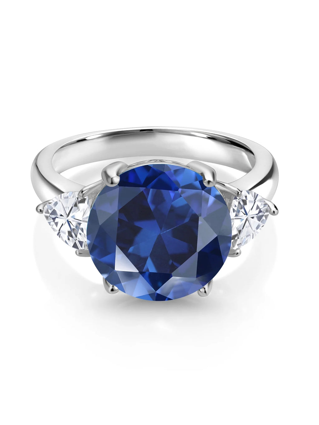 925 Sterling Silver Blue Simulated Sapphire and White Moissanite 3-Stone Ring F14105