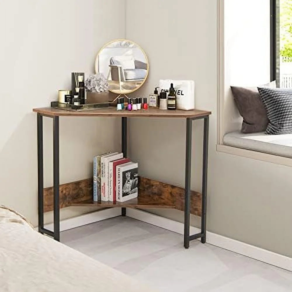 Industrial Corner Desk with Power Outlet Shelves Metal Frame Wood K133055