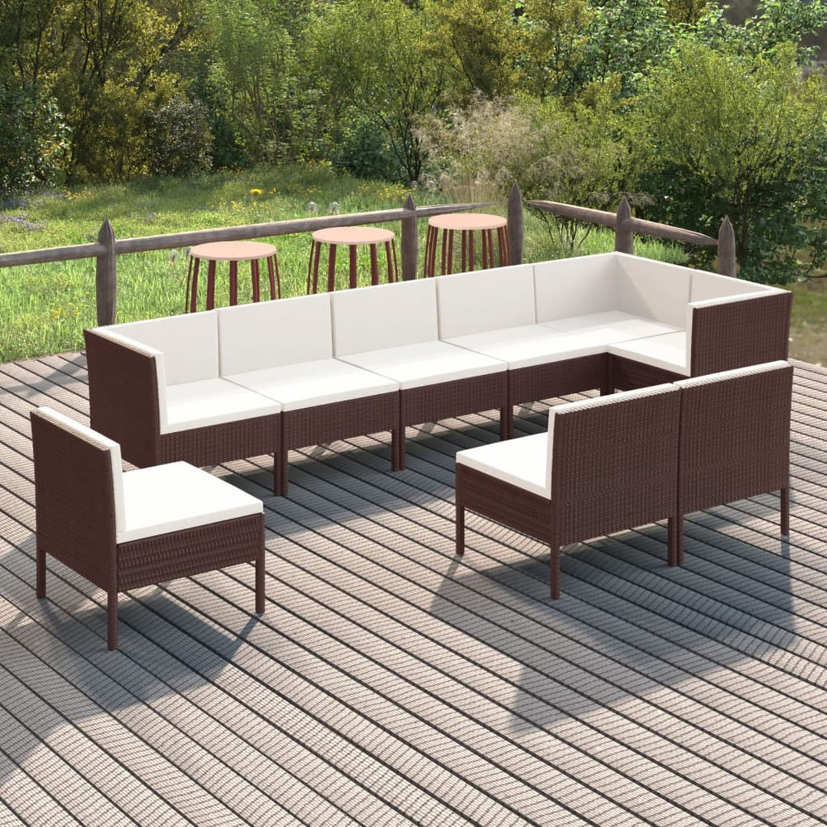 9 Piece Cream White Cushion Brown Poly Rattan Patio Lounge Set H783261