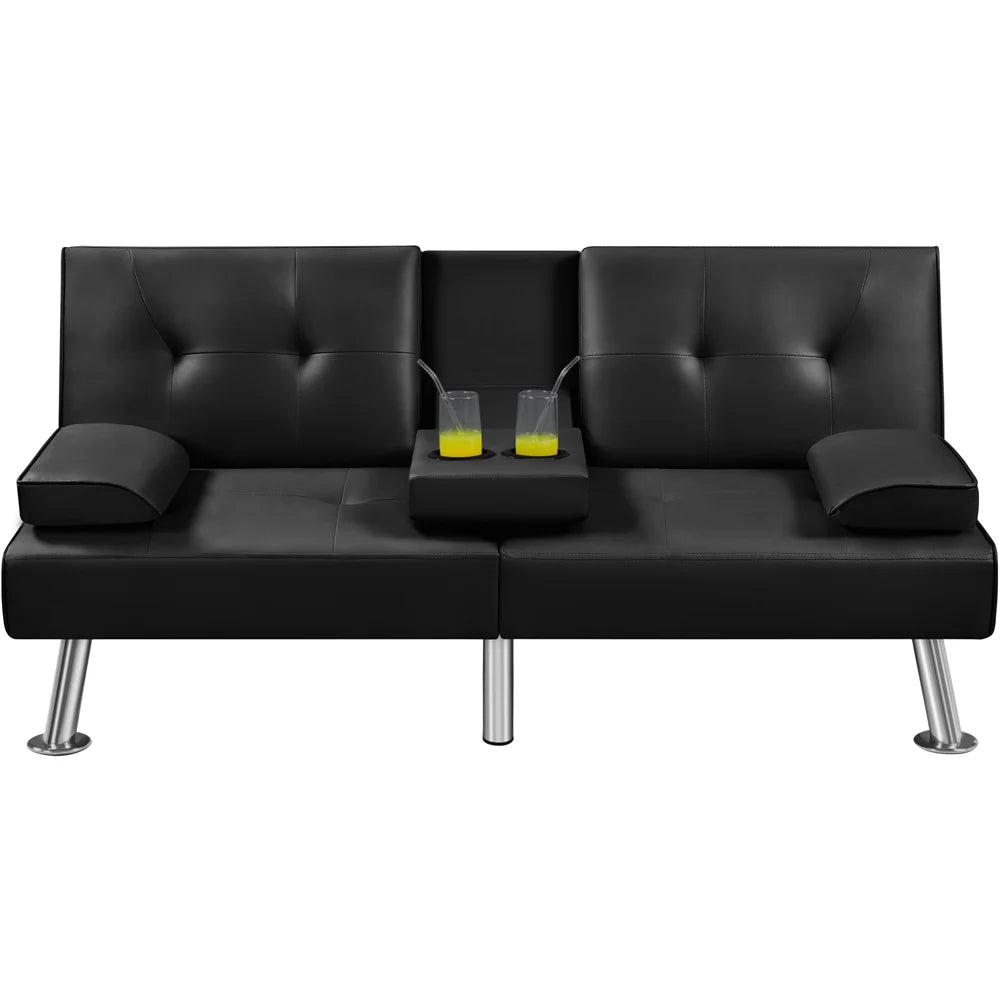 Black Faux Leather Convertible Futon Sofa Bed with Cup Holders U1668