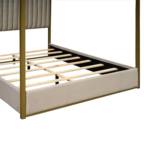 Queen Size Beige Upholstered Canopy Platform Bed Frame I13171