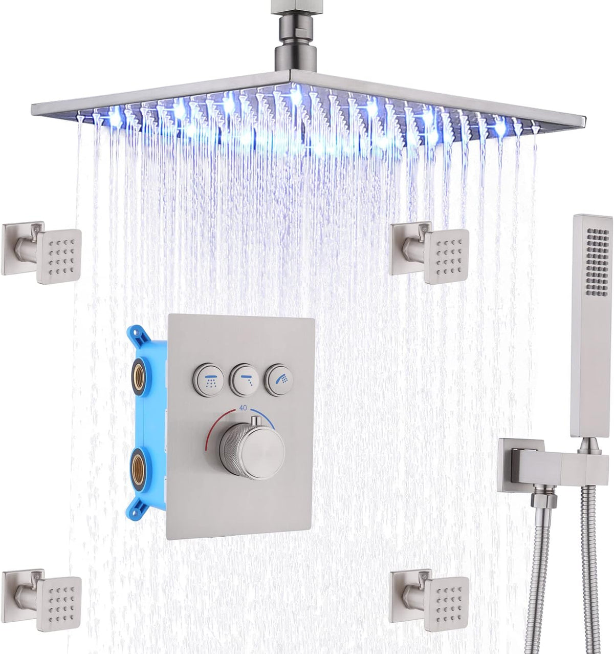 12 Inch Ceiling Rain Shower Head Combo System with Body Jets and Handheld Shower Faucet Set Matte Black T1835
